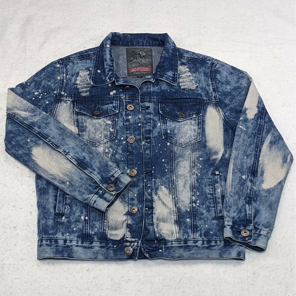 Lion Dynasty Men's Denim Destructed Jean Jacket Size M Blue Jean Acid Wash EUC